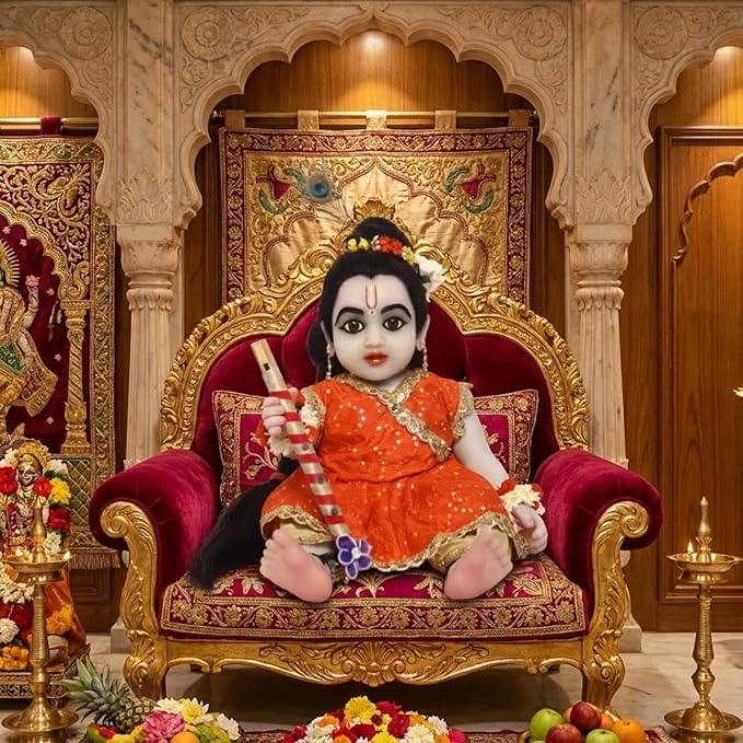 Baby Krishna Doll in Orange Dress | Laddu Gopal Idol with Bansuri & Peacock Feather
