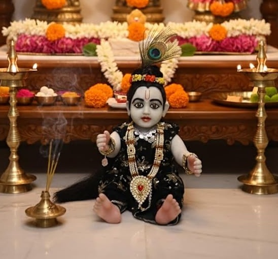 Baby Krishna Idol | Laddu Gopal Doll with Peacock Feather Crown, Bansuri & Black Dress
